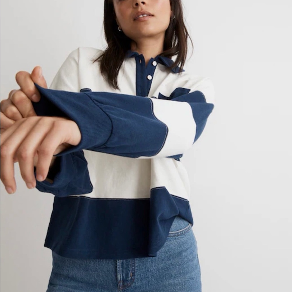 Madewell MWL Striped Rugby Polo Shirt - Navy & White Size XXL - Picture 2 of 12